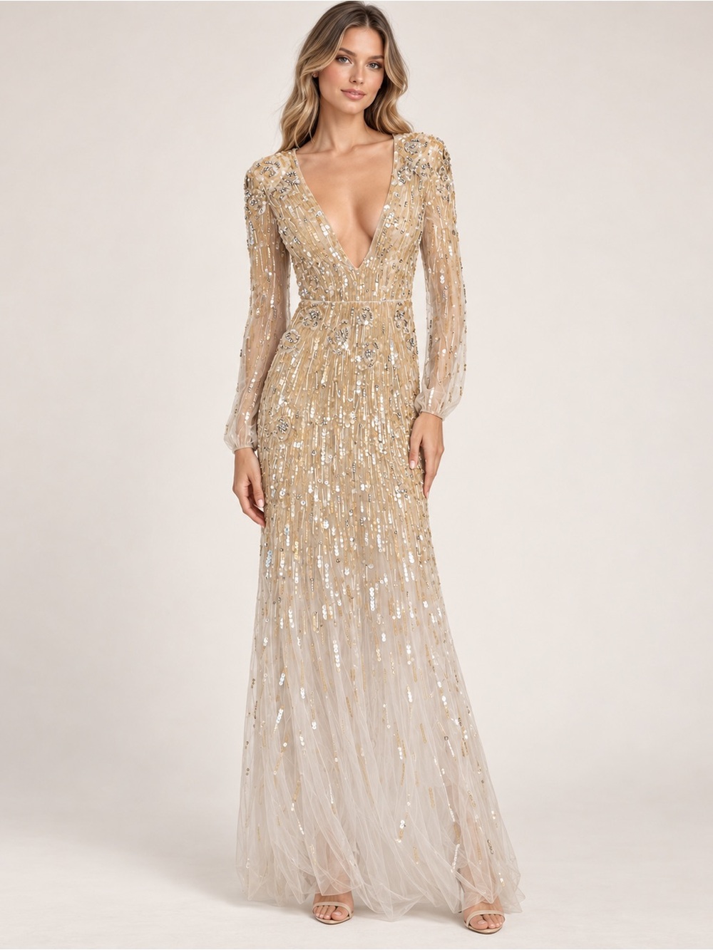 Elisabetta Franchi Sheer Beaded Long-Sleeve Evening Gown
